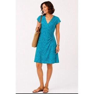 Athleta Nectar Faux Wrap Dress Women's Turquoise Blue Paisley Ruched Dress